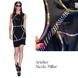 NICOLE MILLER ARTELIER SLEEVELESS BLACK SATIN CREPE DRESS & GEOMETRIC DETAILS 6